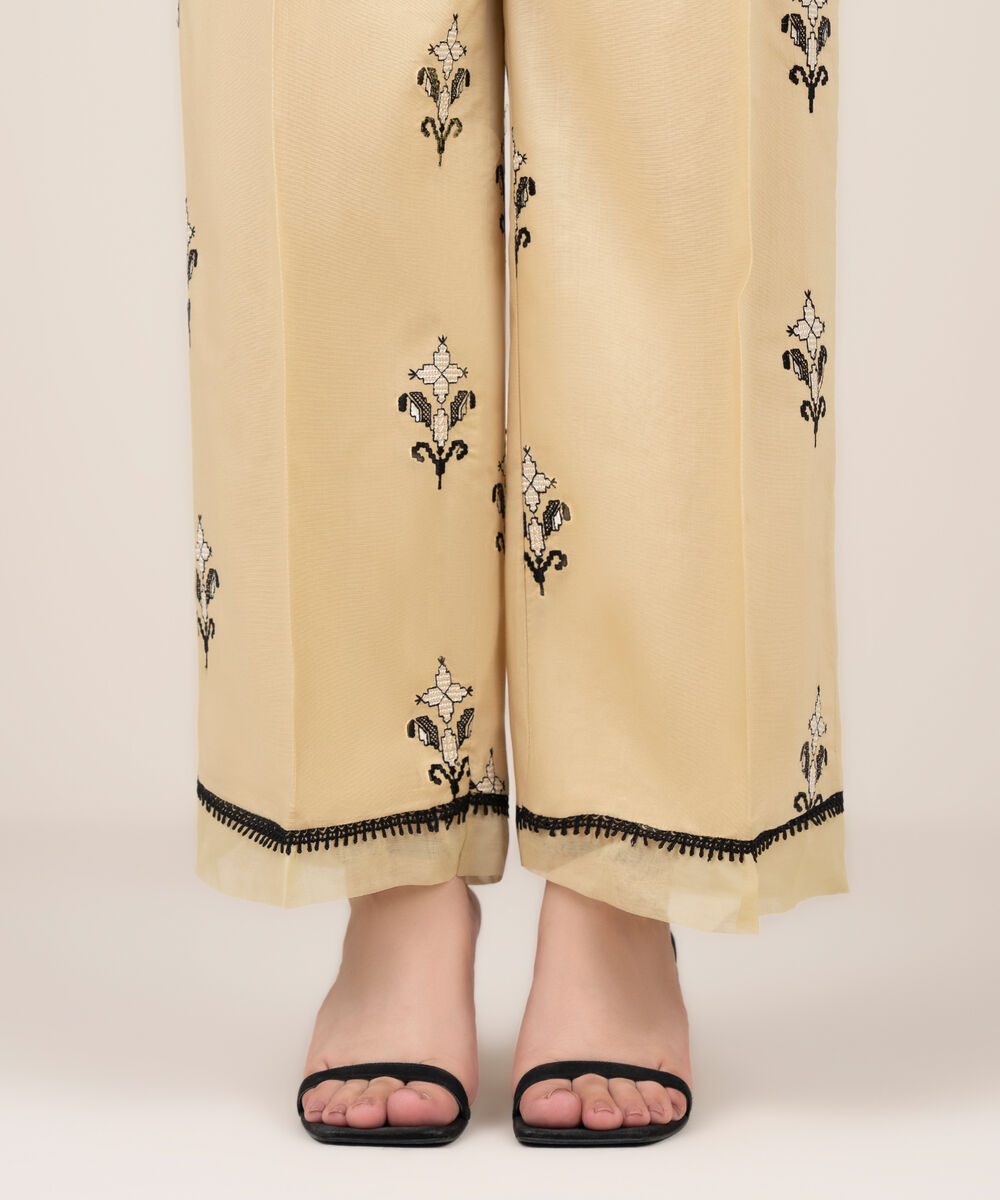 Women's RTW Cotton Embroidered Beige Culottes