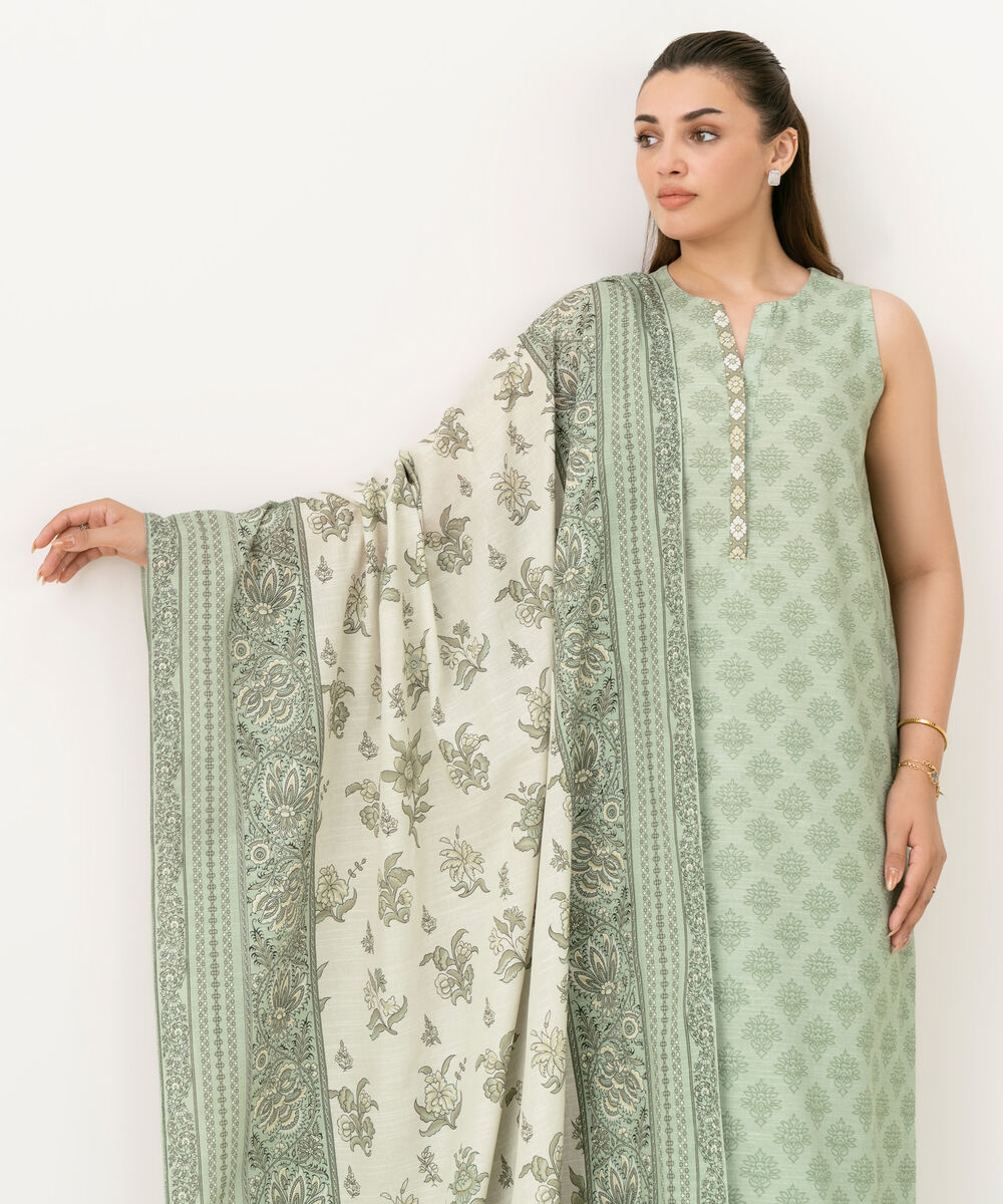 Women's Unstitched Khaddar Printed Green 3 Piece Suit