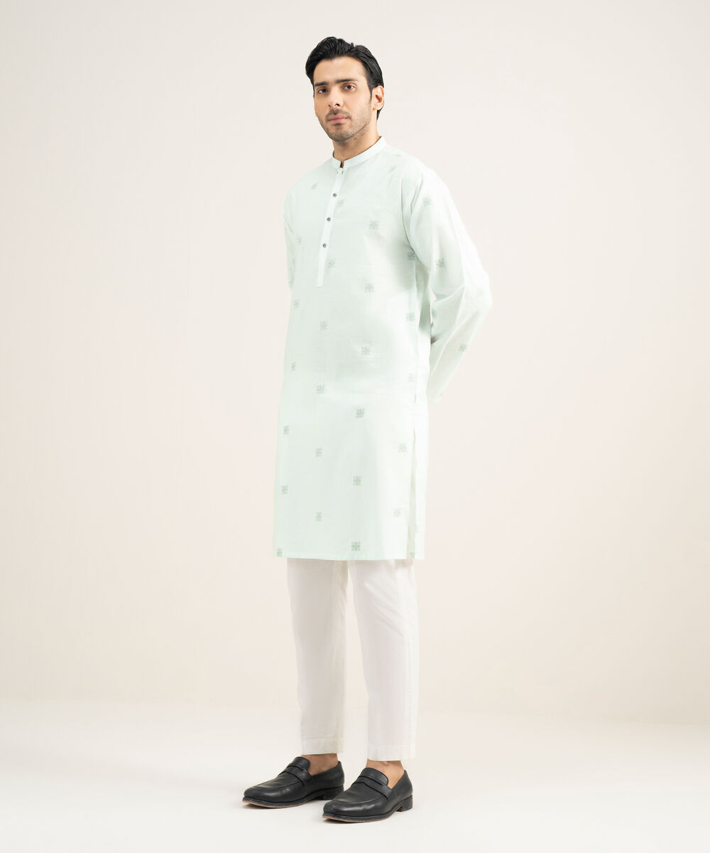 Men's Stitched Cotton Jacquard Mint Kurta