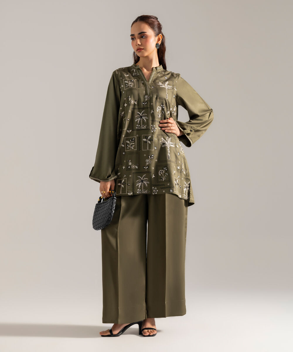 Women's RTW Solid Embroidered Olive Green Bedford Shirt