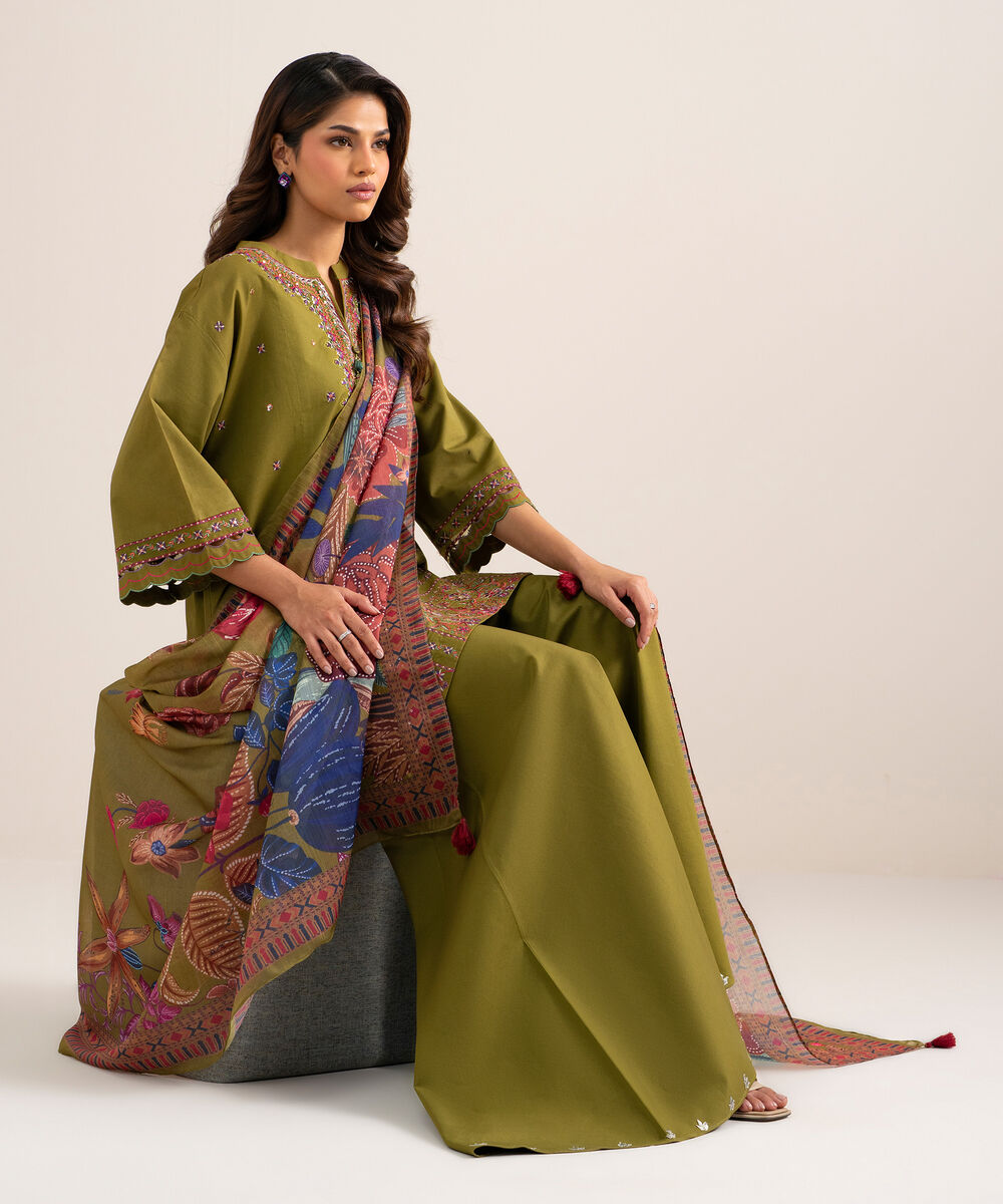 Women's Unstitched Fine Cotton Satin Embroidered Green
