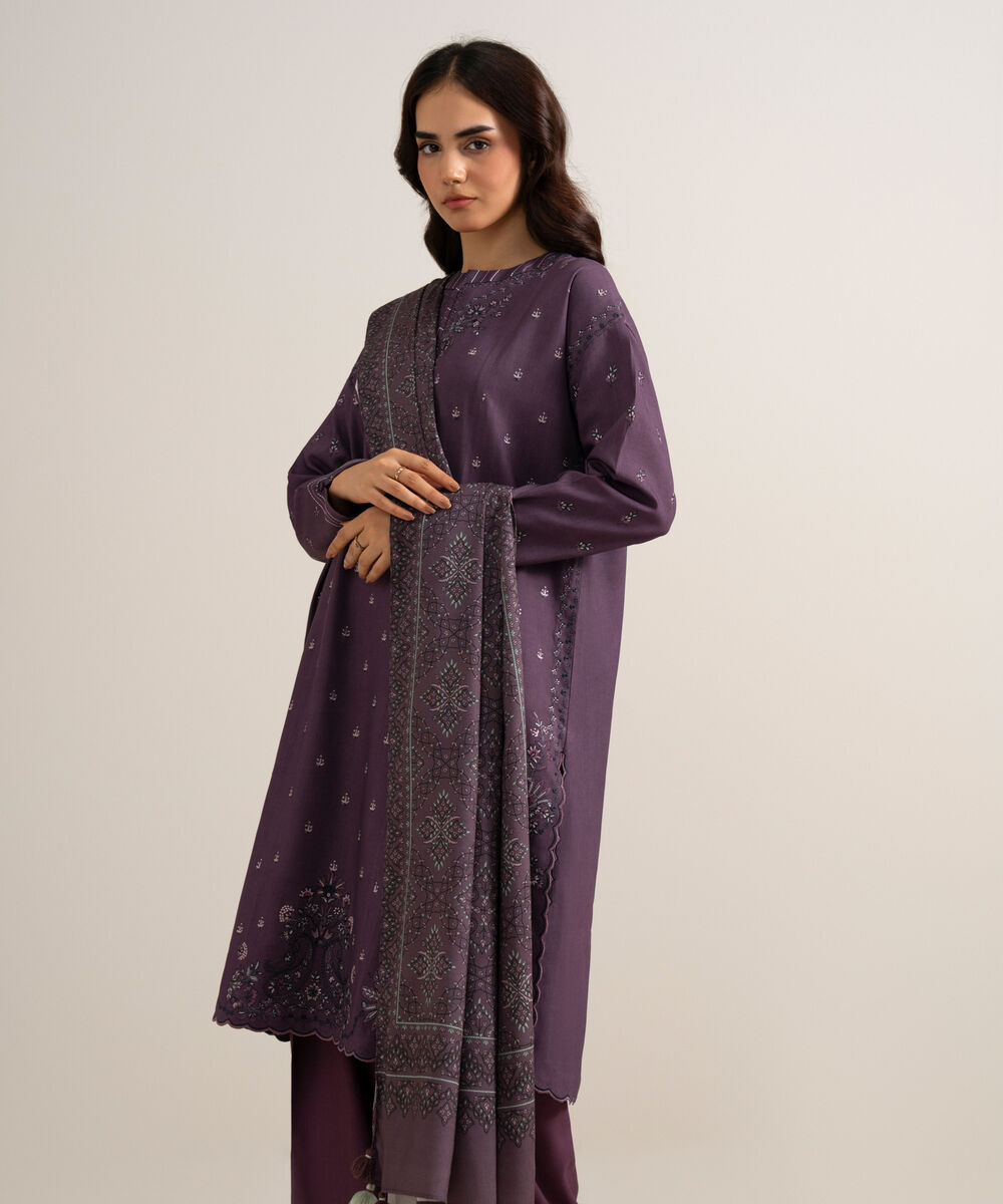 Women's Unstitched Embroidered Linen Purple 3 Piece Suit