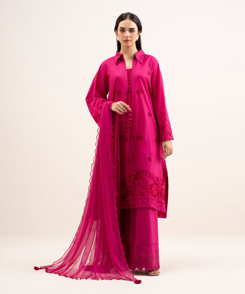 Women's Unstitched Textured Lawn Embroidered Pink 3 Piece Suit