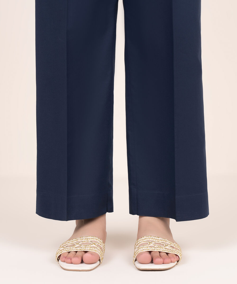 Women's RTW Cambric Blue Solid Straight Pants