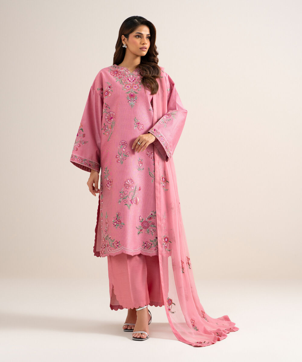 Women's Unstitched Cotton Net Embroidered Pink 3 Piece Suit