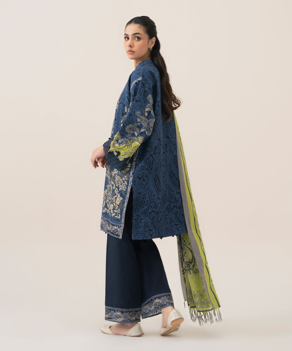 Women's Unstitched Premium Khaddar Printed Blue 3 Piece Suit