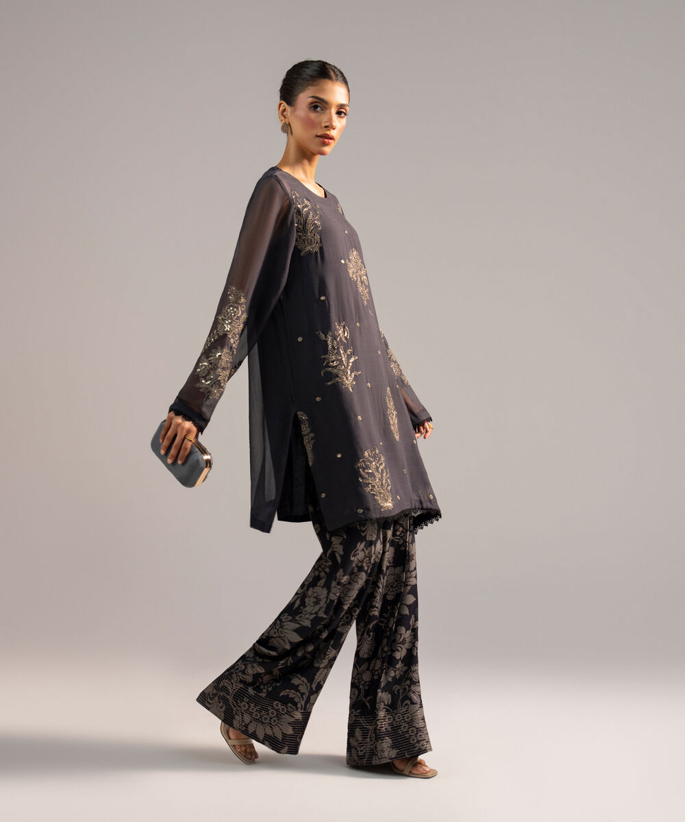 Women's RTW Chiffon Embroidered Black 2 Piece Suit