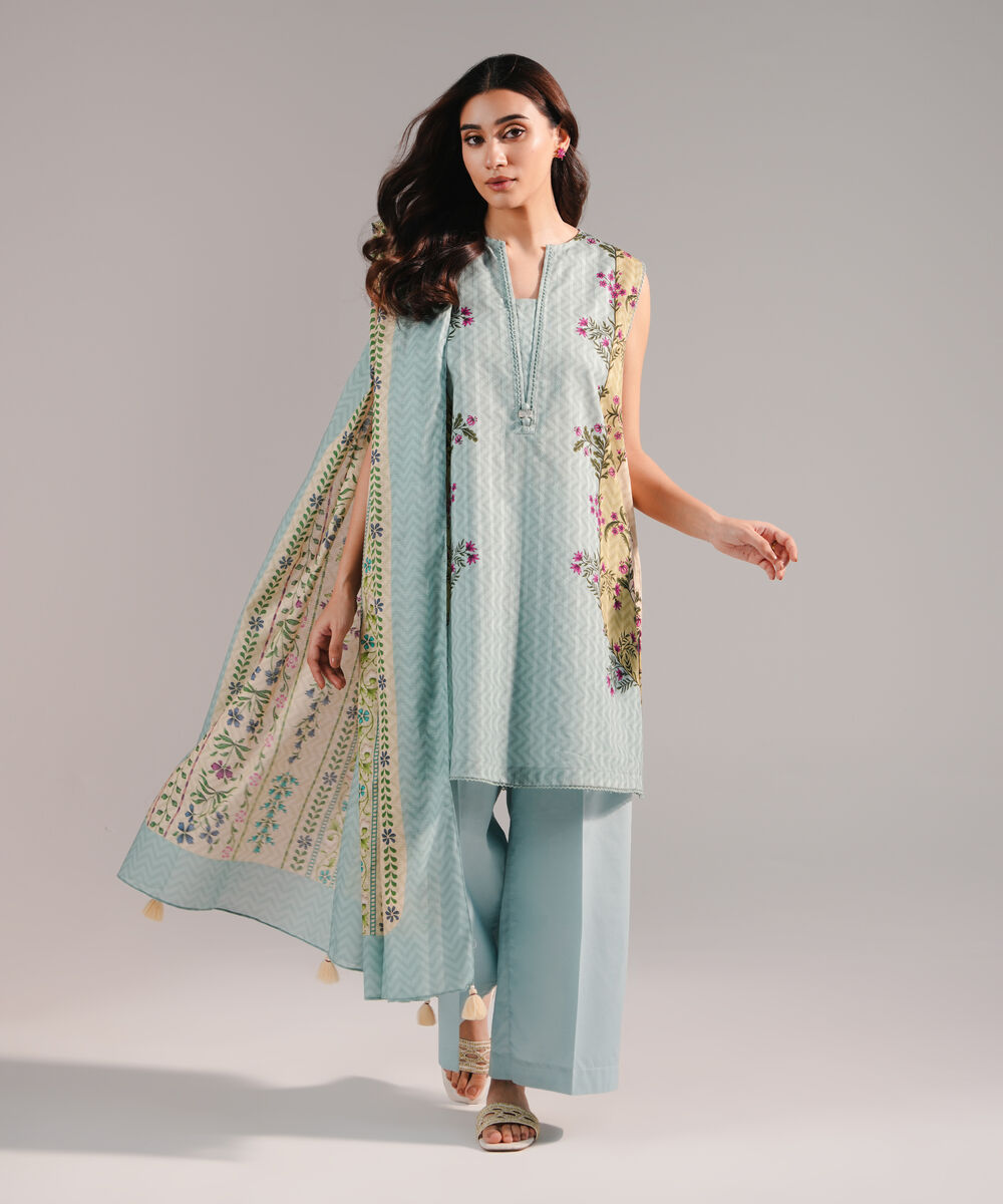 Women's RTW Dobby Printed Blue 3 Piece Suit