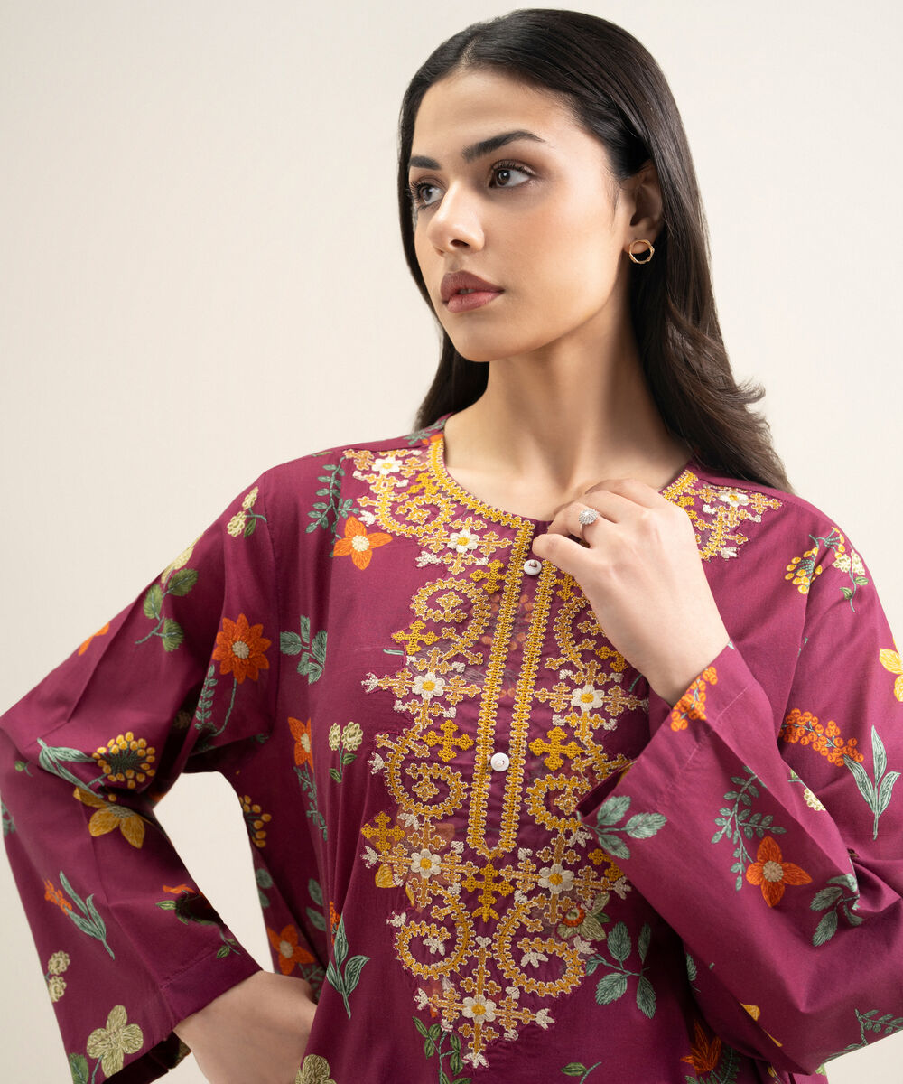 Women's RTW Slub Lawn Embroidered Purple Straight Shirt