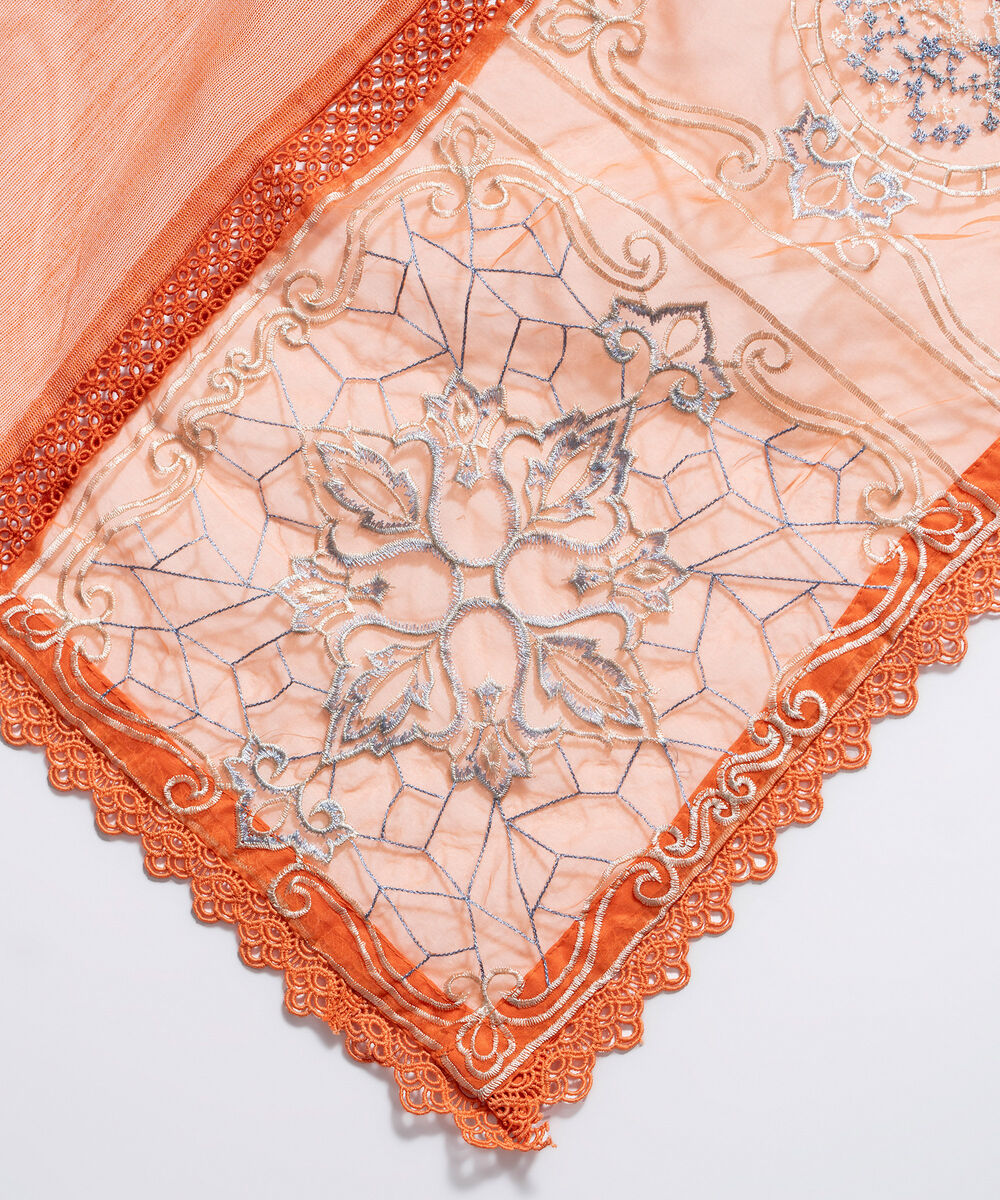 Khaddi Net Embroidered Orange Dupatta