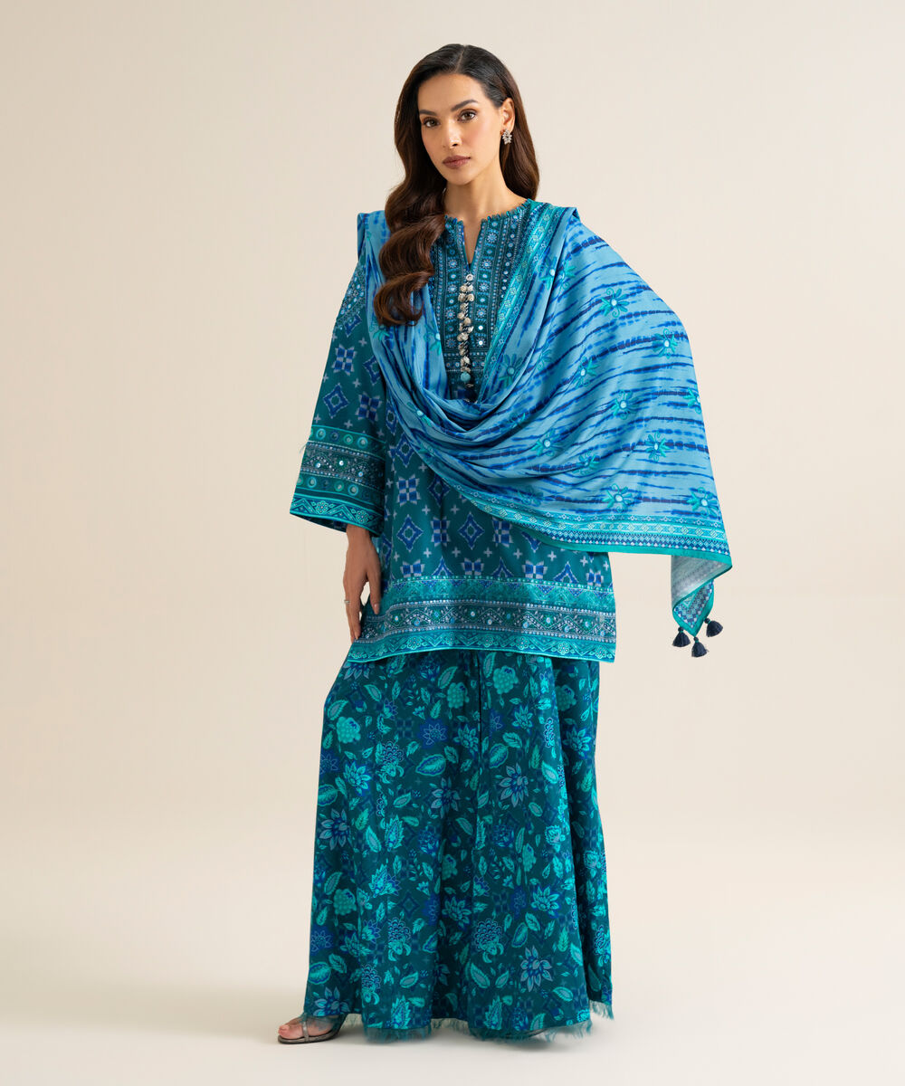 Women's Unstitched Linen Printed Blue 3 Piece Suit
