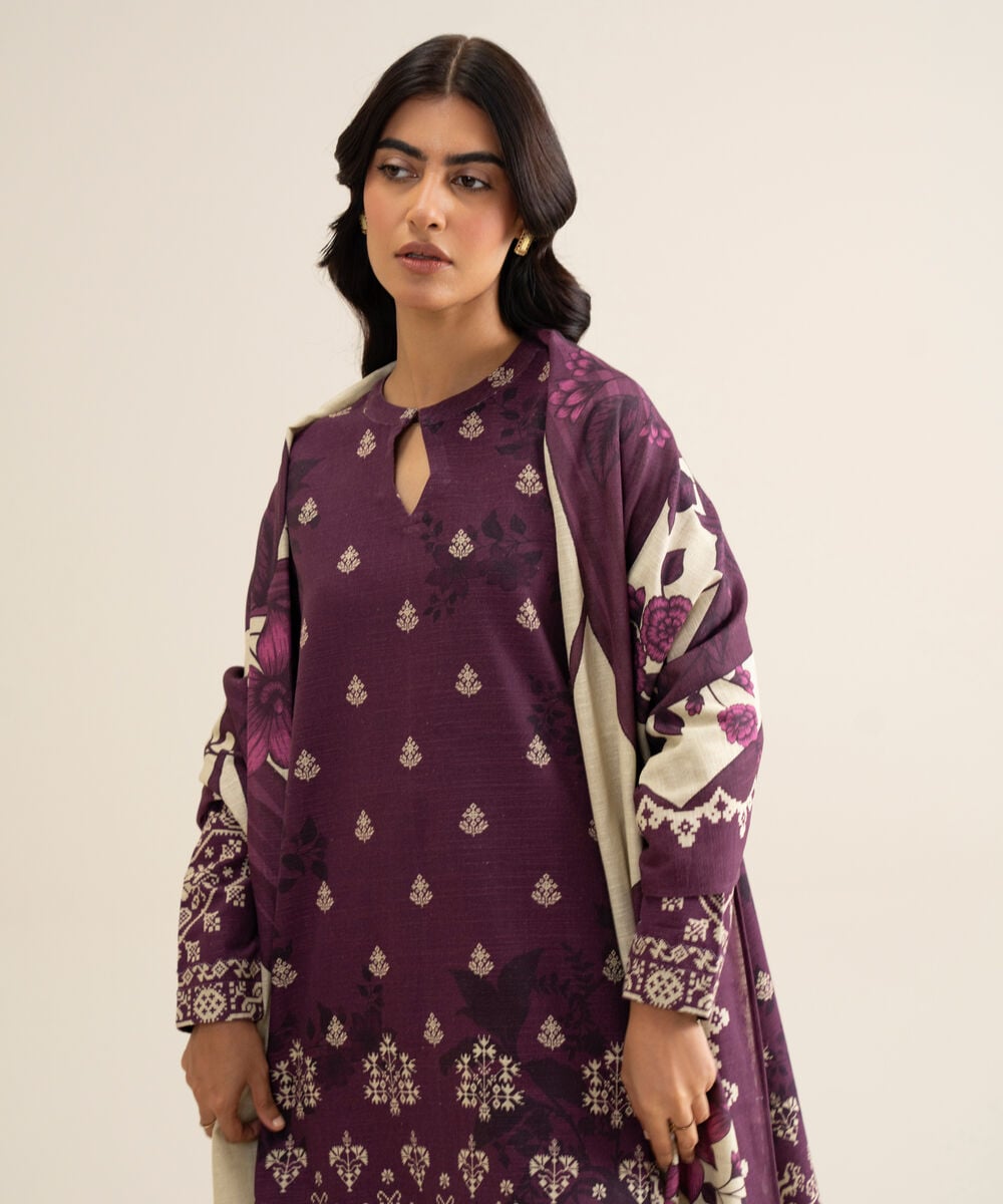 Women's Unstitched Light Khaddar Printed Plum 3 Piece Suit