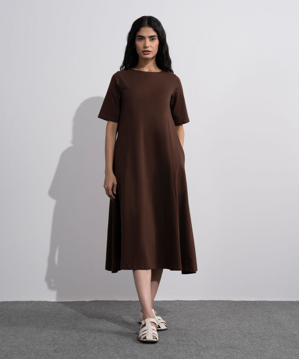 Women's Brown Flared Panelled Midi Dress