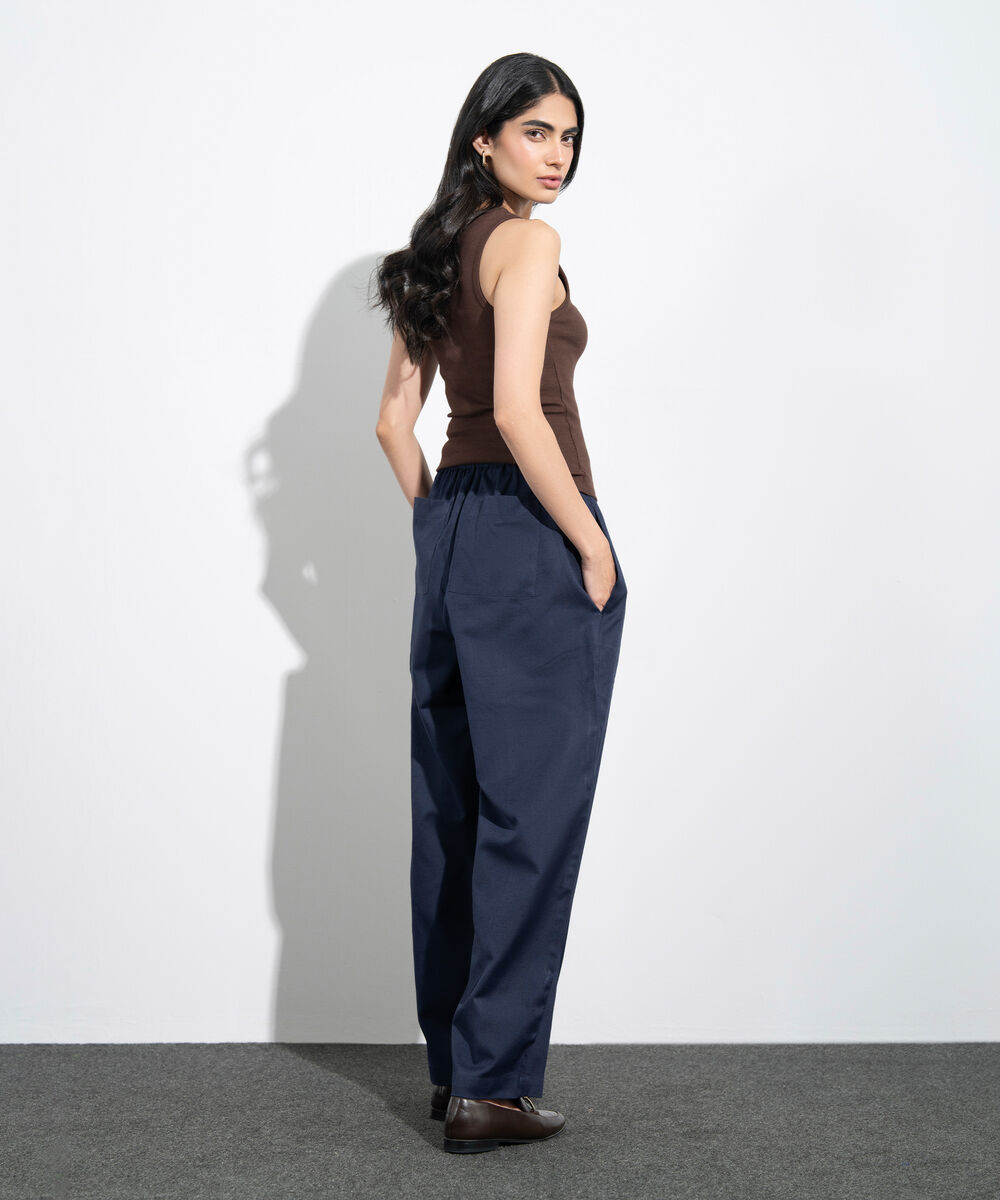 Women's Western Navy Pleated Barrel Linen Blend Trousers