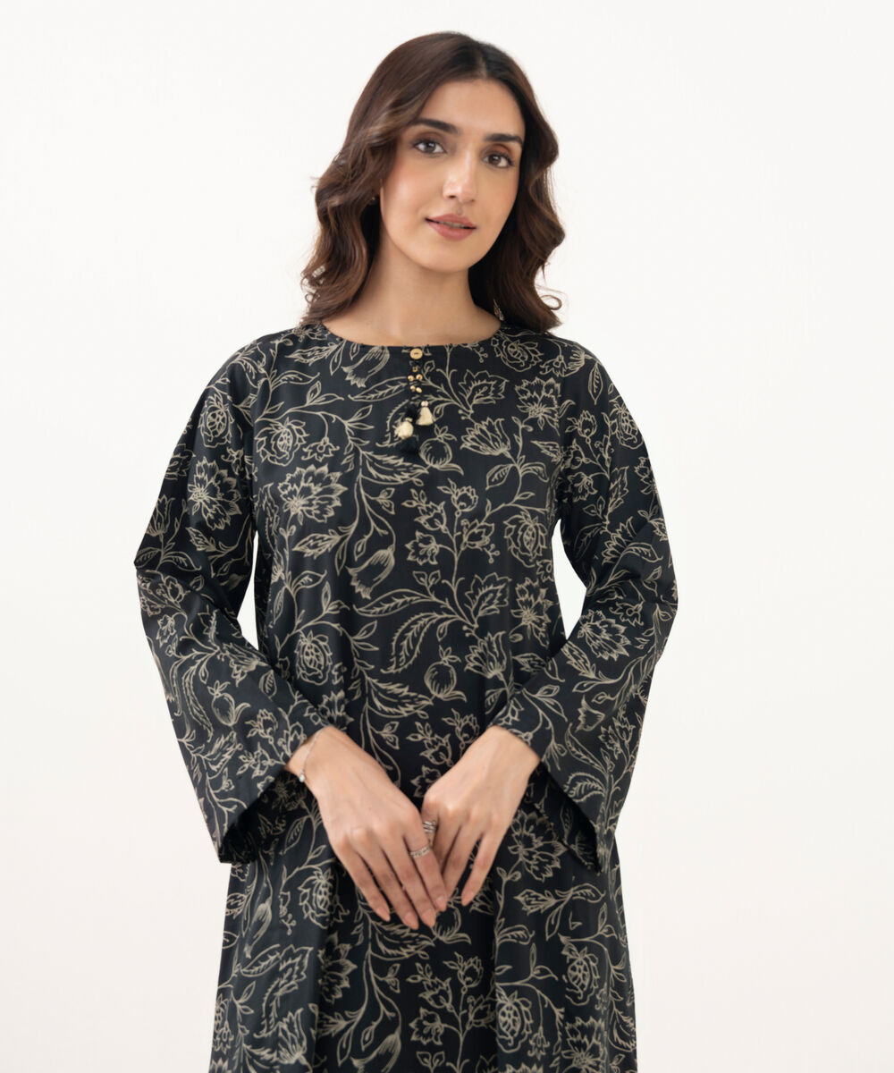 Women's RTW Cotton Viscose Printed A-Line Black Shirt