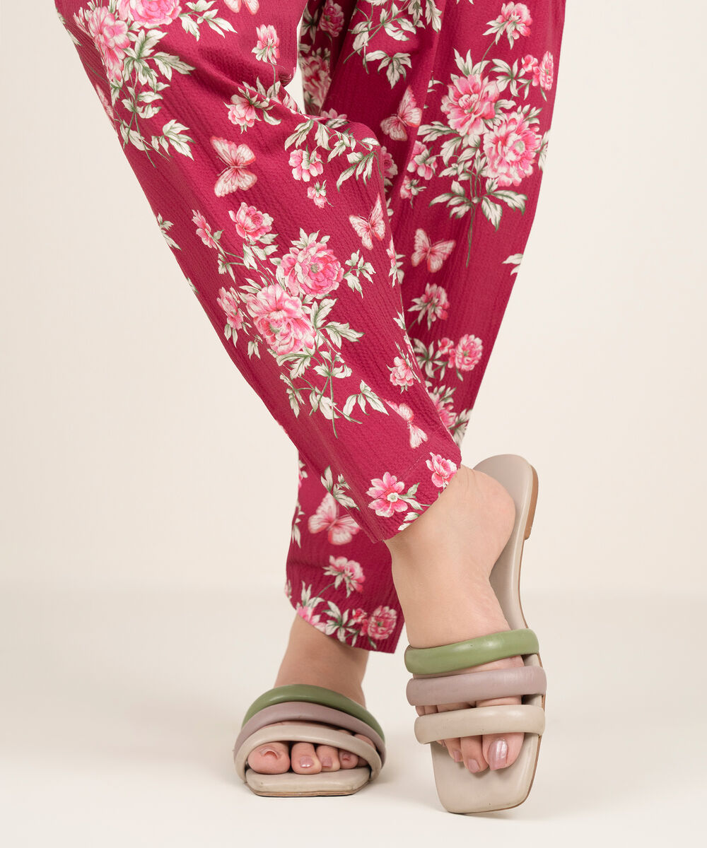 Women's RTW Seersucker Printed Dark Pink Skinny Shalwar