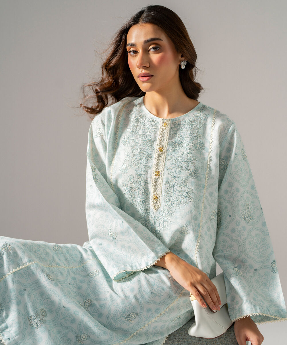 Women's RTW Fancy Cotton Printed Embroidered Ice Blue 2 Piece Suit