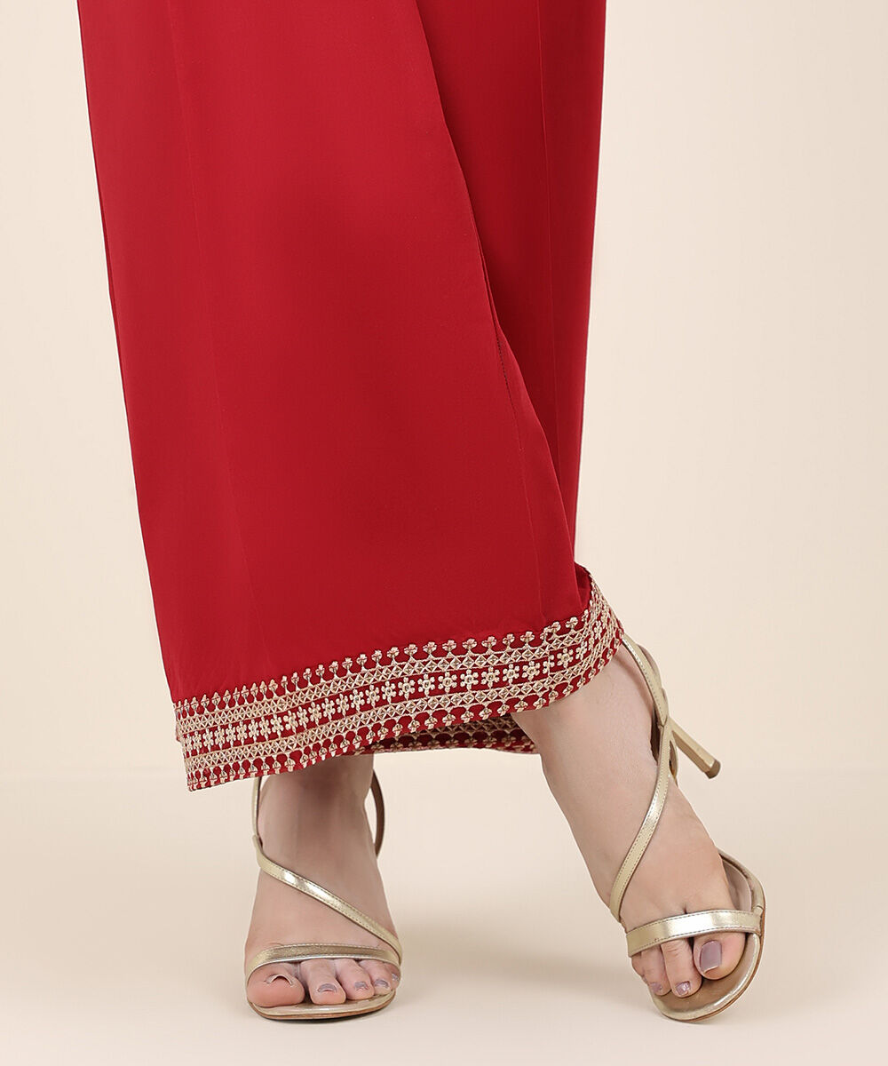 Women's RTW Cambric Red Embroidered Flared Pants