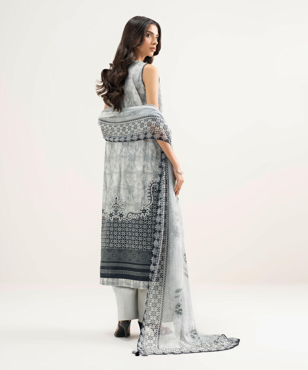 Women's Unstitched Lawn Embroidered Grey 3 Piece Suit