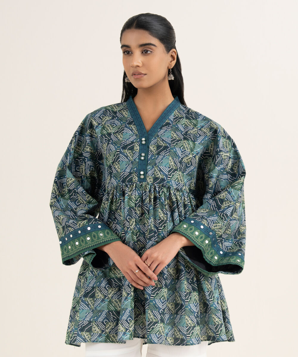 Women's Unstitched Cotton Printed Blue Shirt