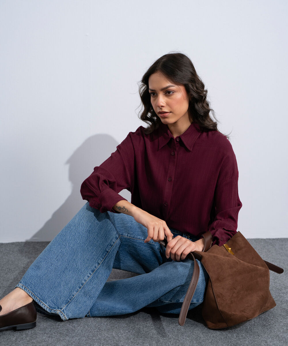 Women's Western Burgundy Button Through Seersucker Shirt