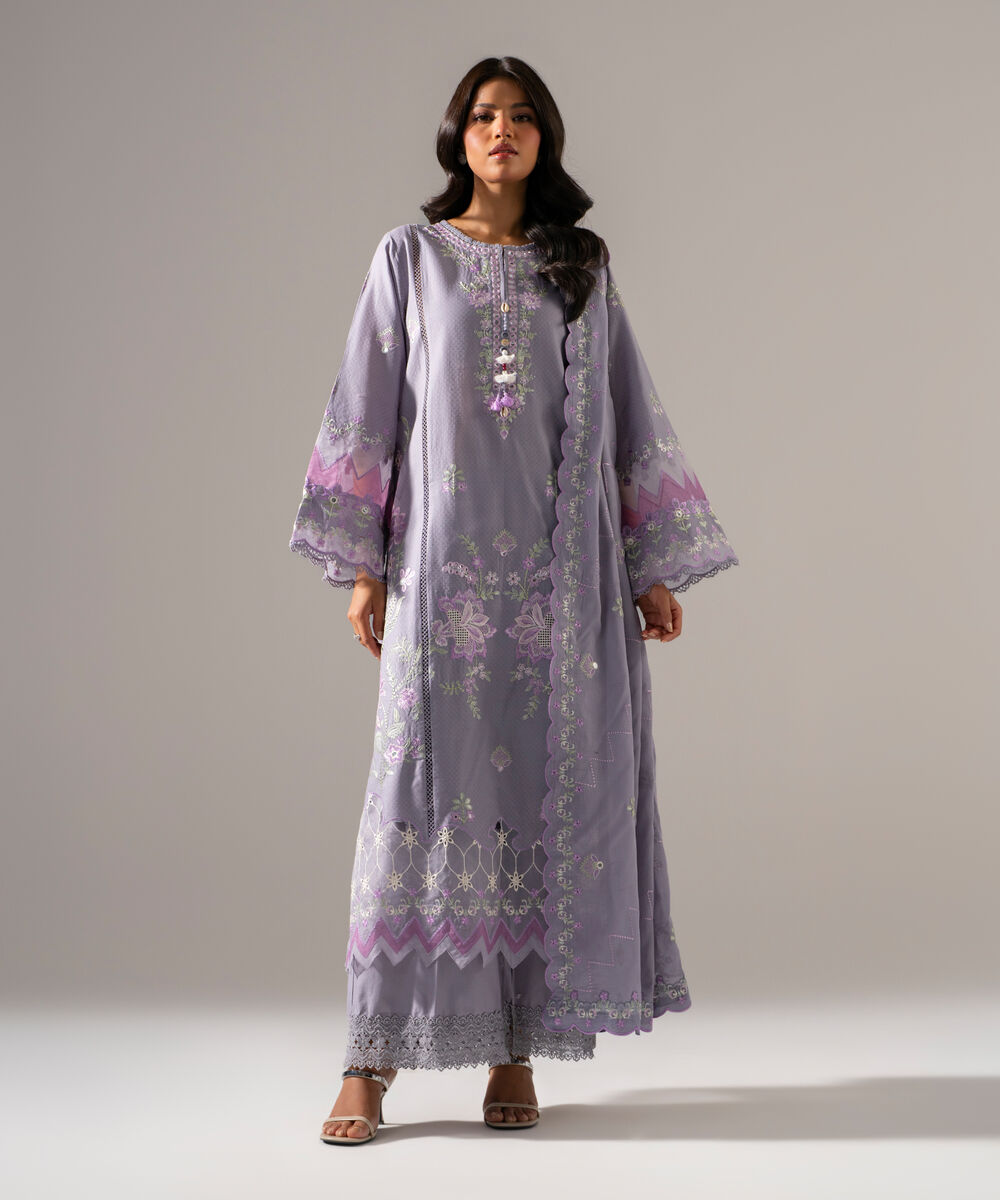 Women's RTW Dobby Solid Embroidered Lavender Grey 3 Piece Suit