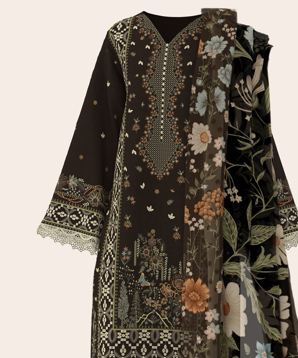 Women's Unstitched Self Jacquard Black  Embroidered 3 Piece Suit