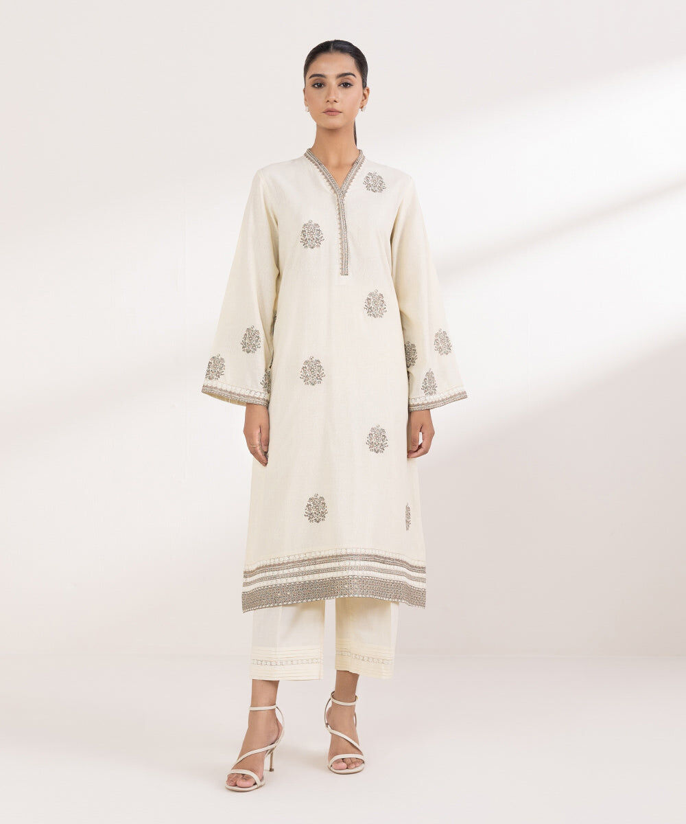 Women's Pret Karandi Embroidered Off White A-Line Shirt