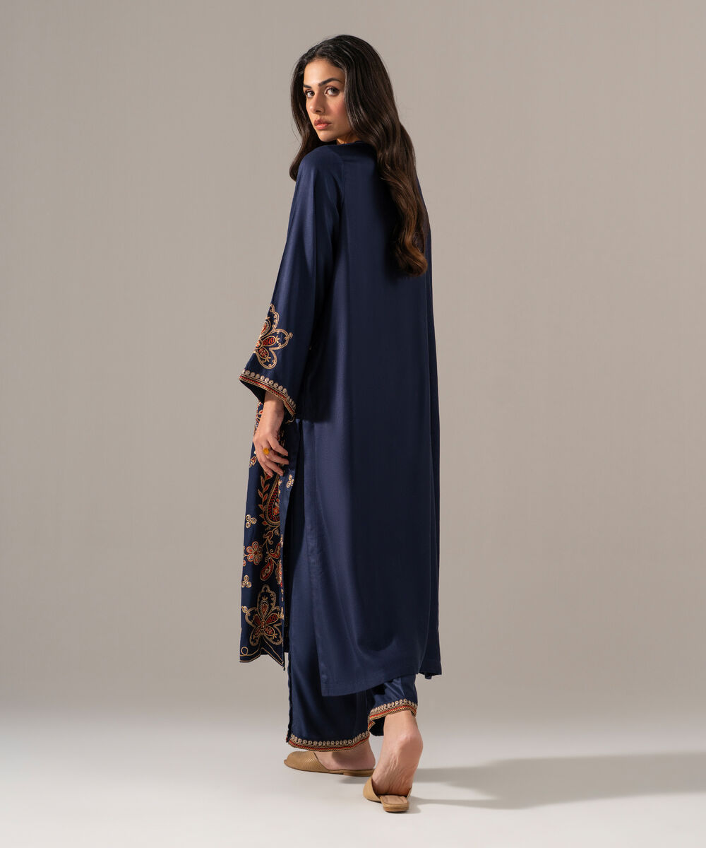 Women's RTW Bedford Solid Embroidered Dark Blue Straight Shirt