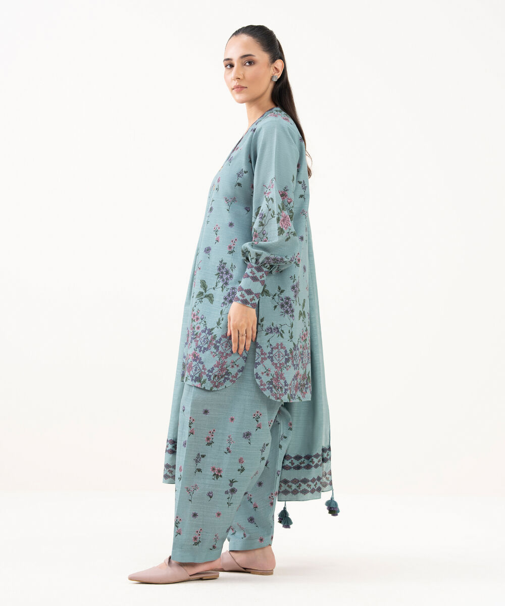 Women's Unstitched Cotton Printed Blue 3 Piece Suit
