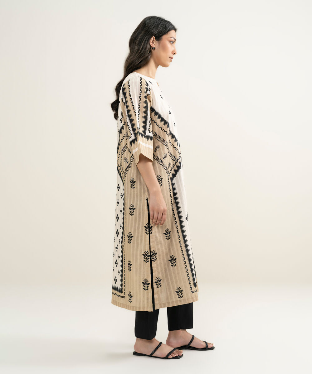 Women's RTW Textured Cotton Printed Beige A-Line Shirt