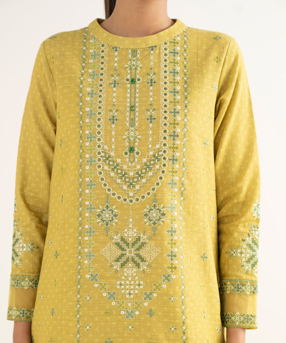 Women's Unstitched Khaddar Embroidered Yellow 3 Piece Suit