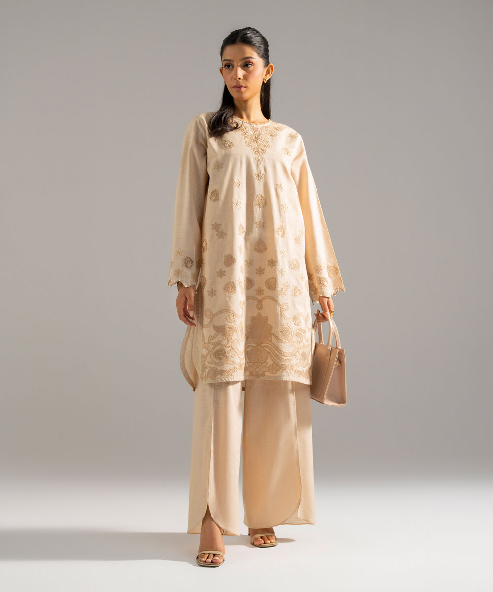Women's RTW Cross Hatch Solid Embroidered Beige 2 Piece Suit