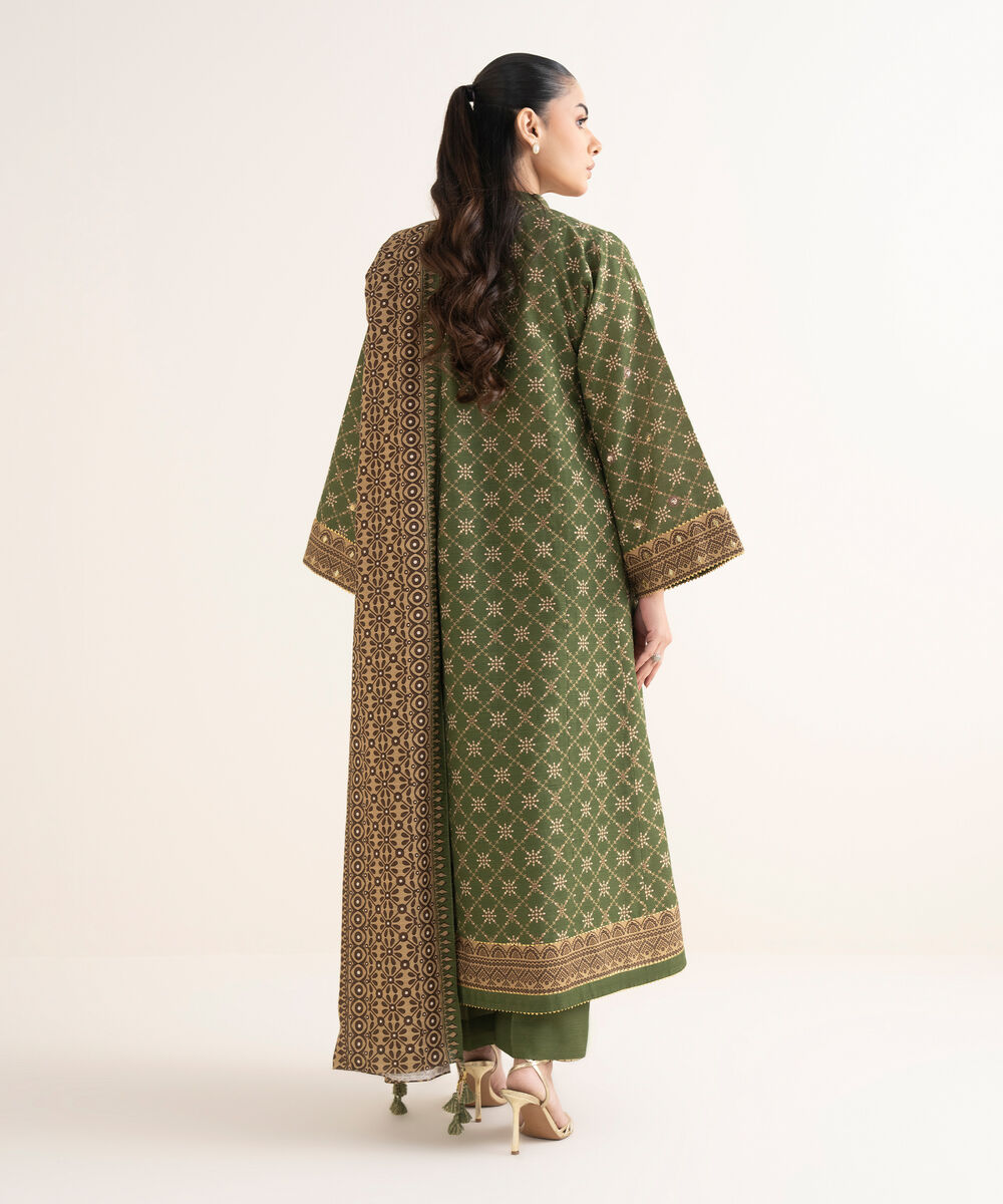 Women's Unstitched Embroidered Khaddar Green 3 Piece Suit
