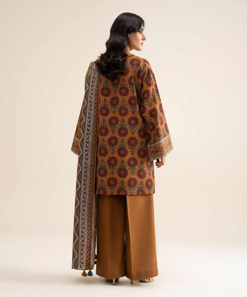 Women's Unstitched Light Khaddar Printed Burnt Orange 3 Piece Suit