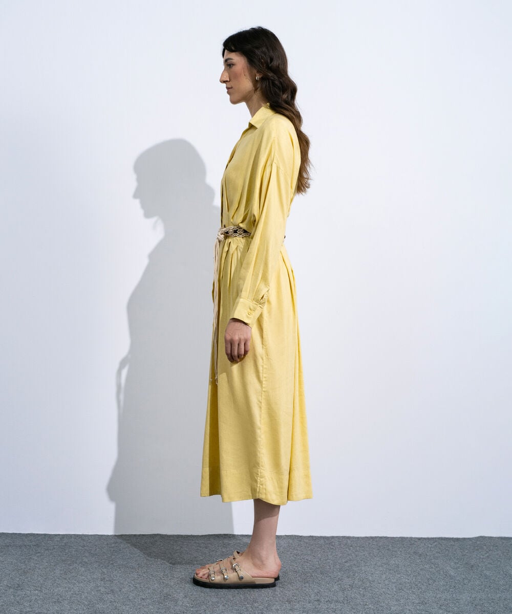 Women's Butter Yellow Linen Blend Dress With  Crochet Belt
