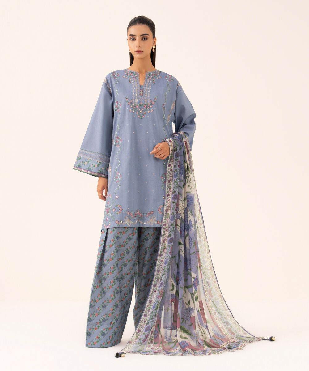 Women's Unstitched Cotton Viscose Embroidered Blue 3 Piece Suit