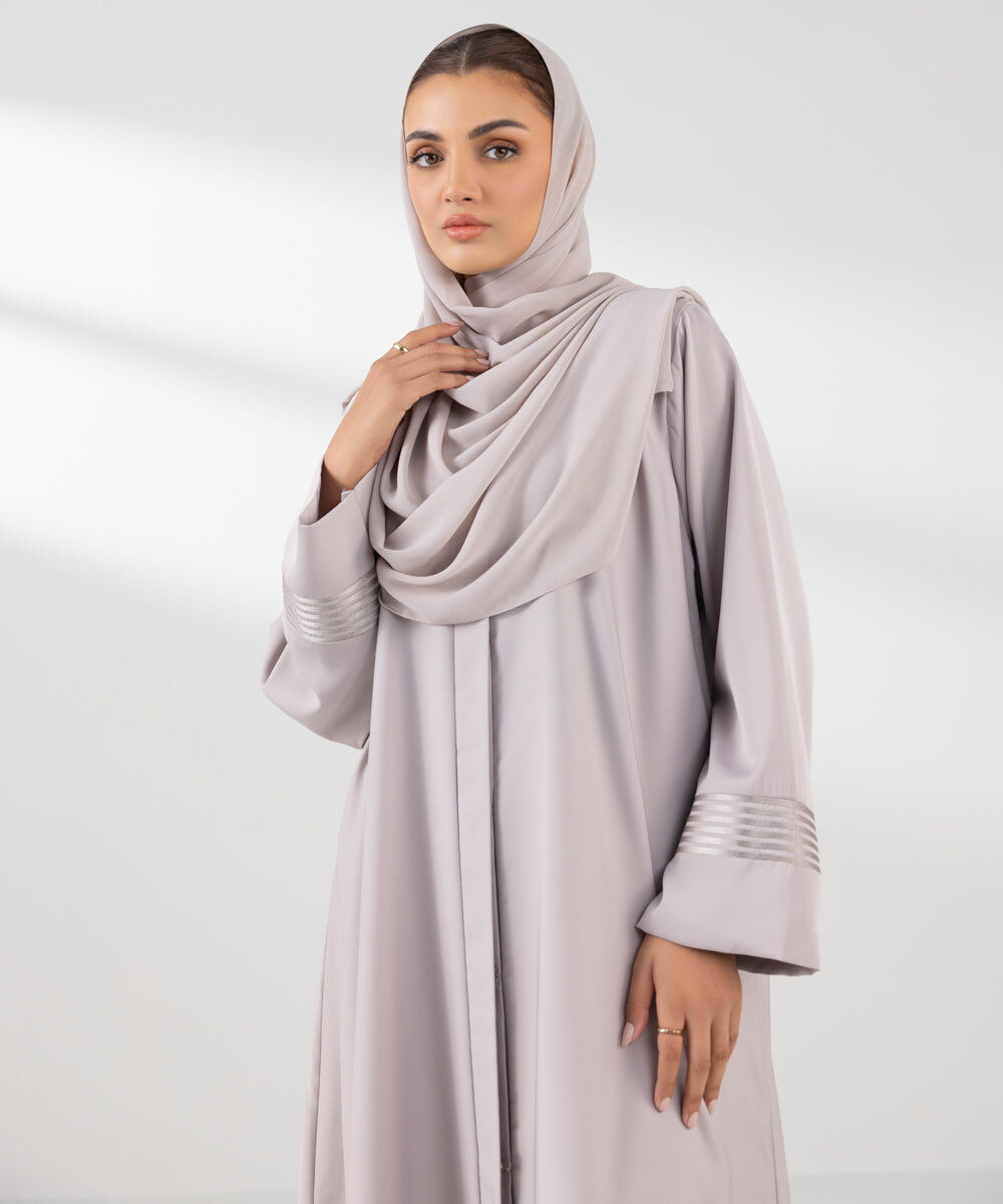 Woman - Grey Embroidered Button Through Abaya