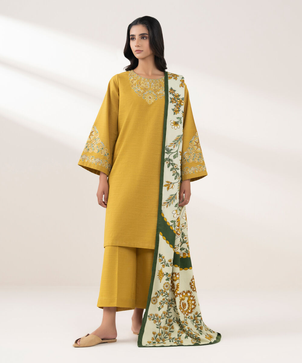 Women's RTW Khaddar Embroidered Mustard 3 Piece Suit