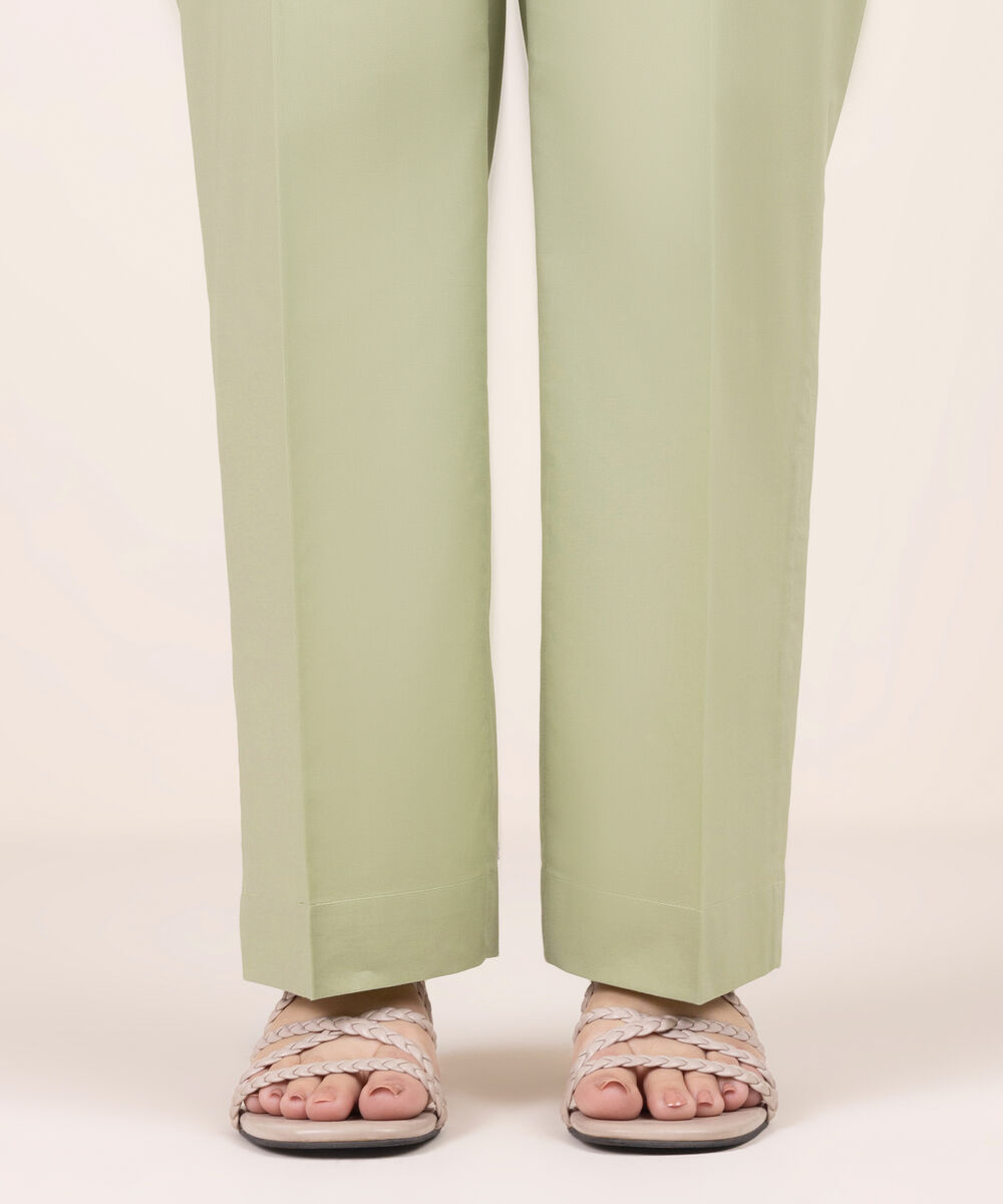 Women's RTW Cambric Solid Green Straight Pants