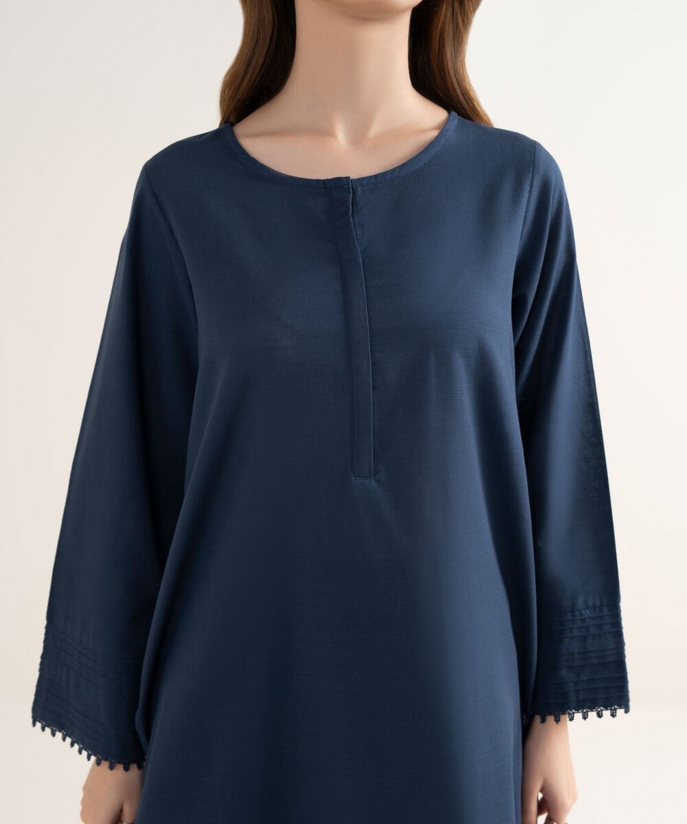 Women's RTW Textured Cotton Solid A-Line Blue Shirt