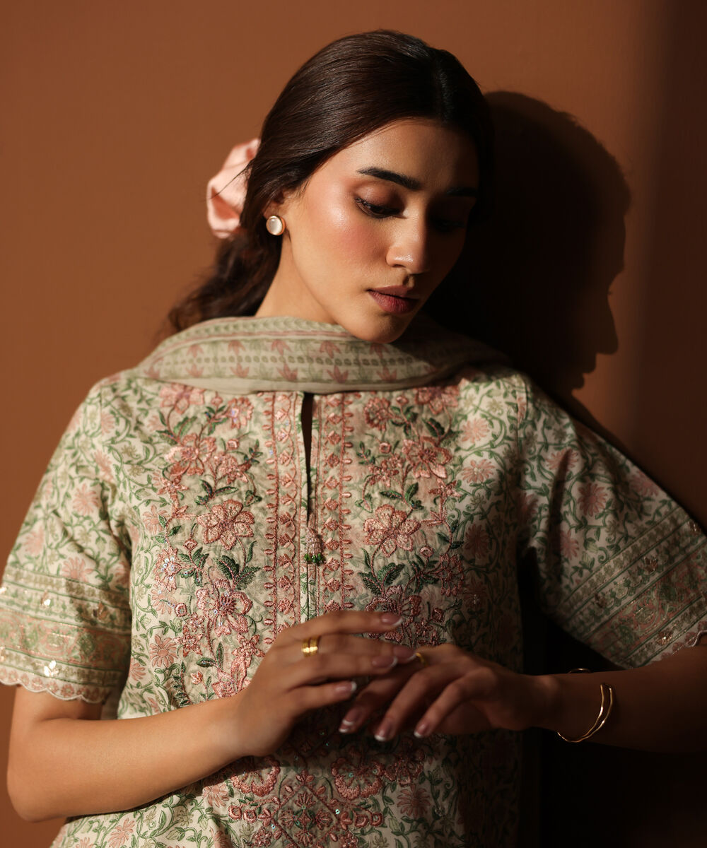 Women's Unstitched Lawn Embroidered Beige 3 Piece Suit