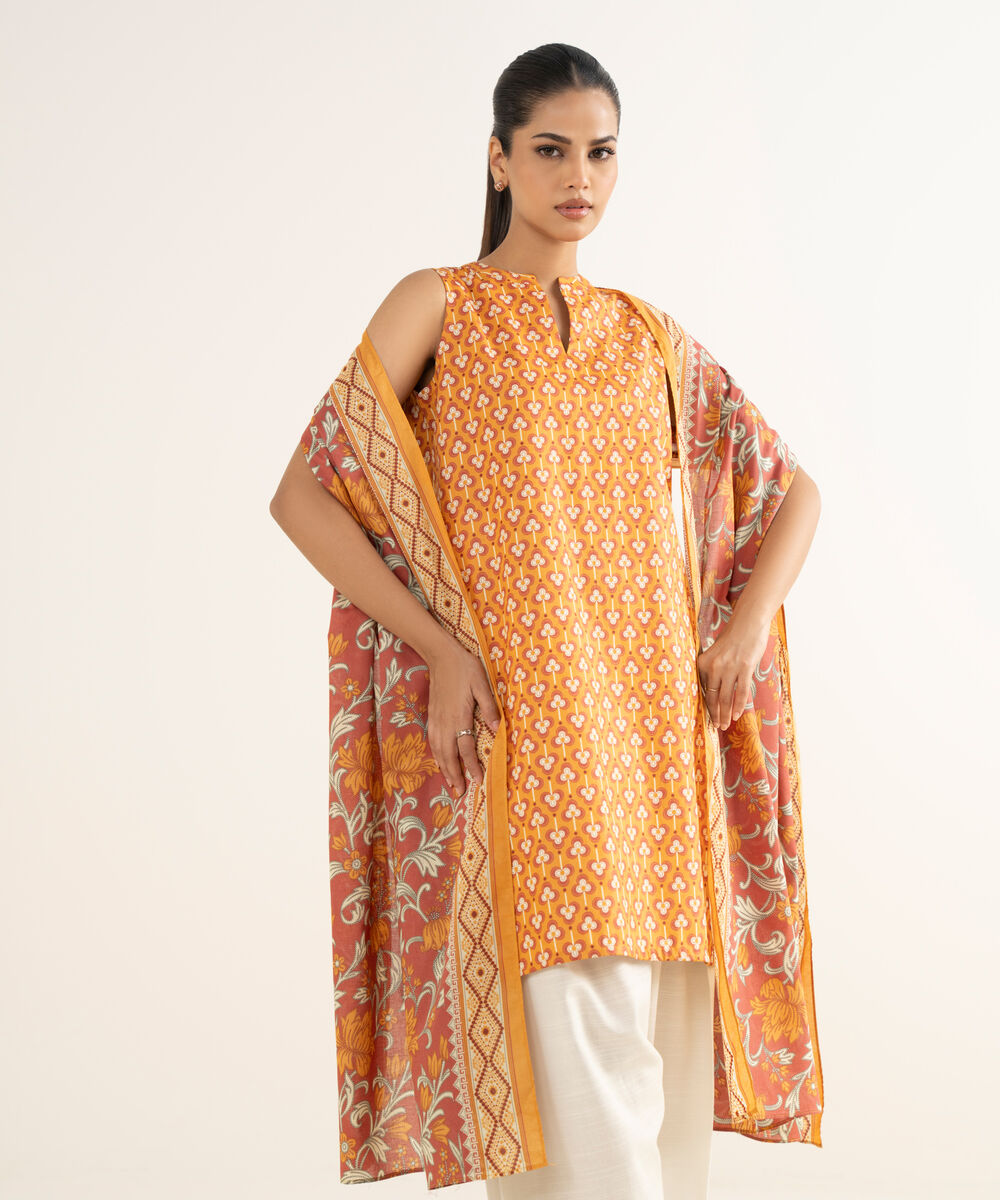 Women's Unstitched Cotton Printed Pink Two Piece Suit