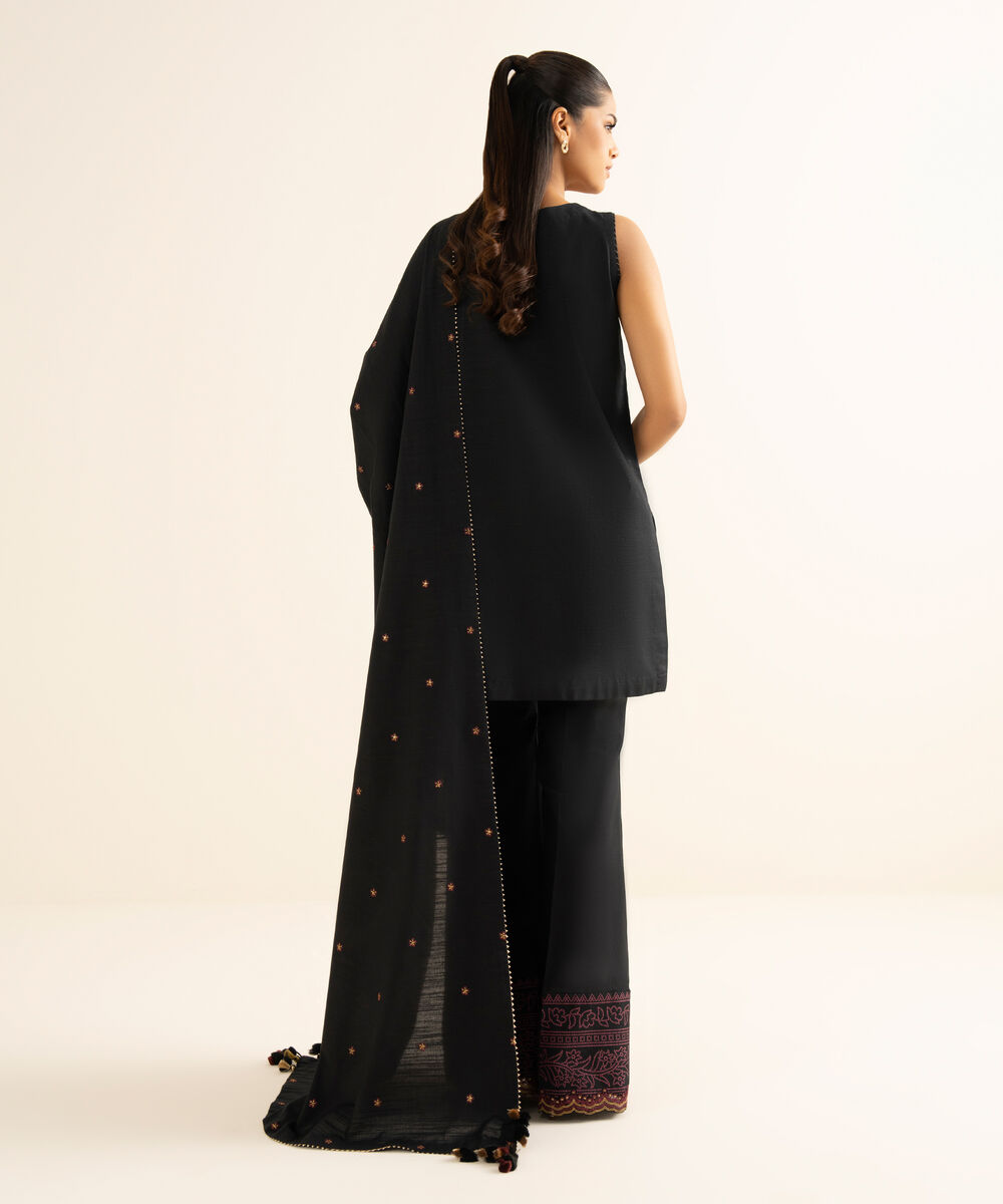 Women's Unstitched Textured Cotton Embroidered Black 3 Piece Suit