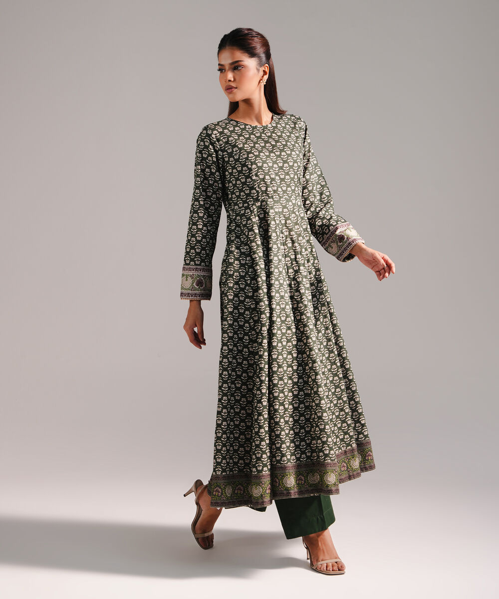 Women's RTW Textured Lawn Printed Dark Green 2 Piece Suit