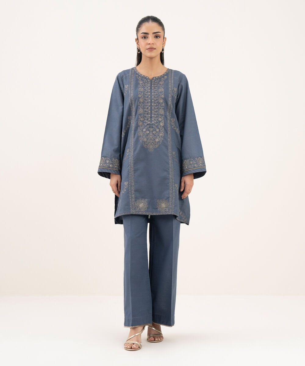 Women's RTW Cotton Embroidered Straight Blue Shirt