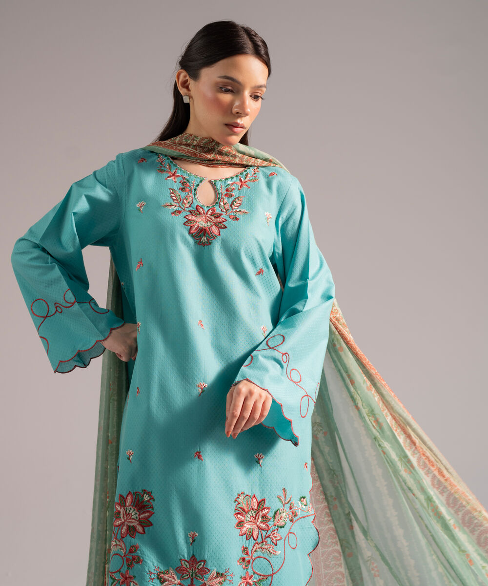 Women's RTW Dobby Embroidered Blue 3 Piece Suit