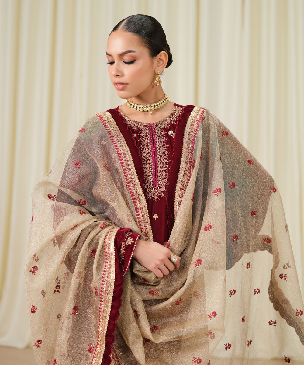 Women's Unstitched Embroidered Velvet Red 3 Piece Suit