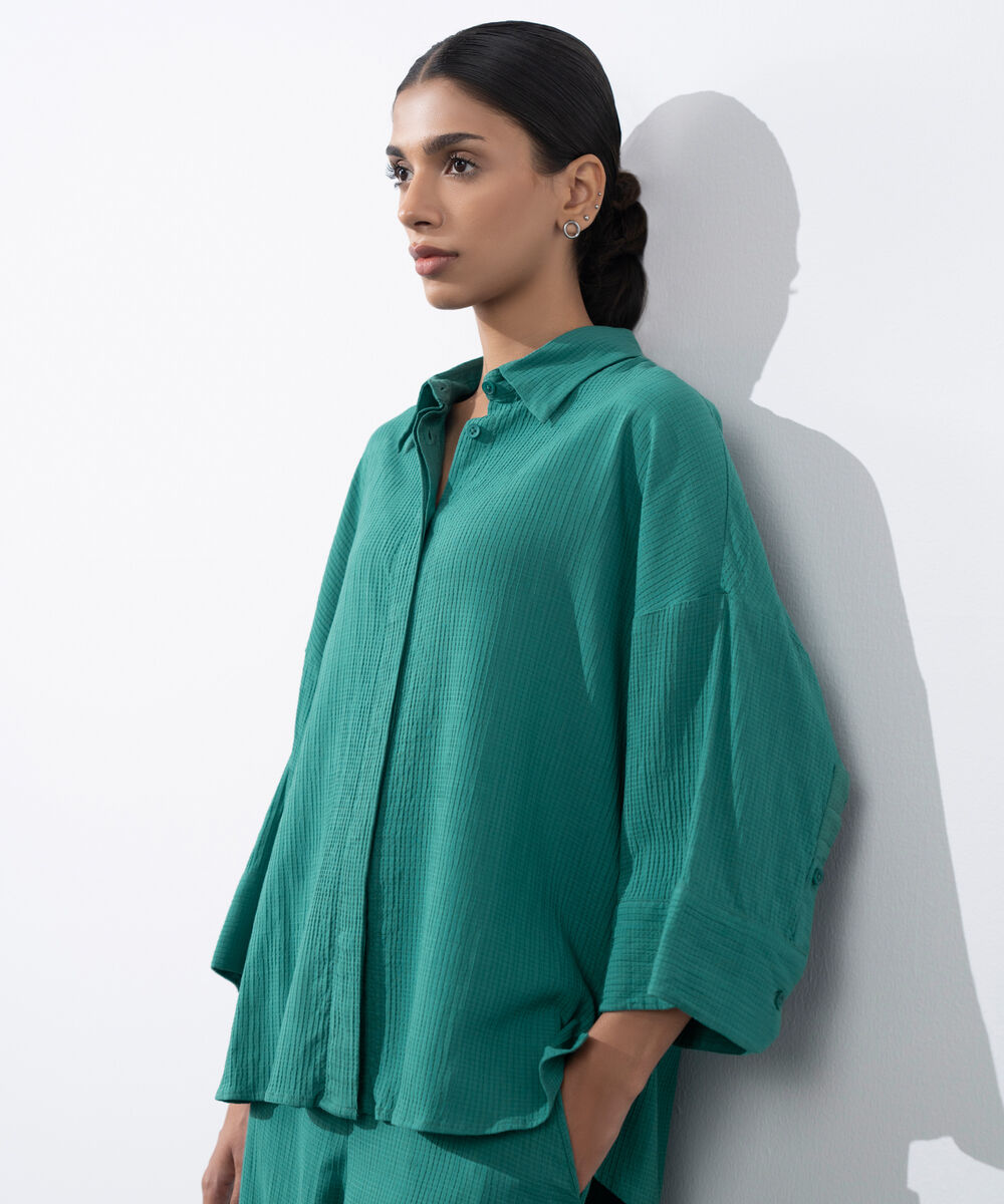 Women's Western Wear Green Seersucker Button Through Shirt