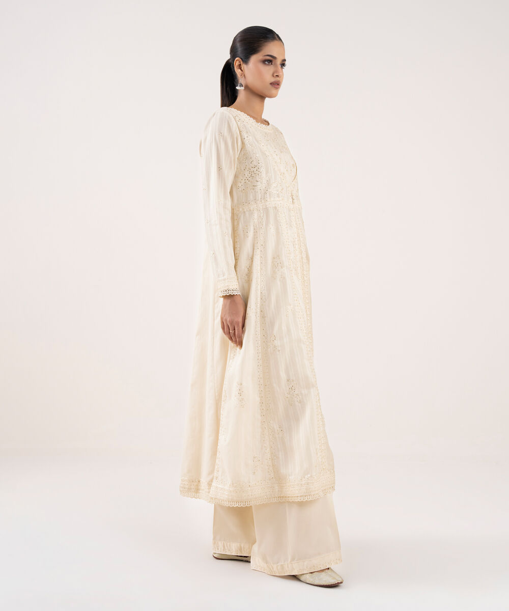 Women's RTW Textured Lawn Off White Embroidered Pishwas